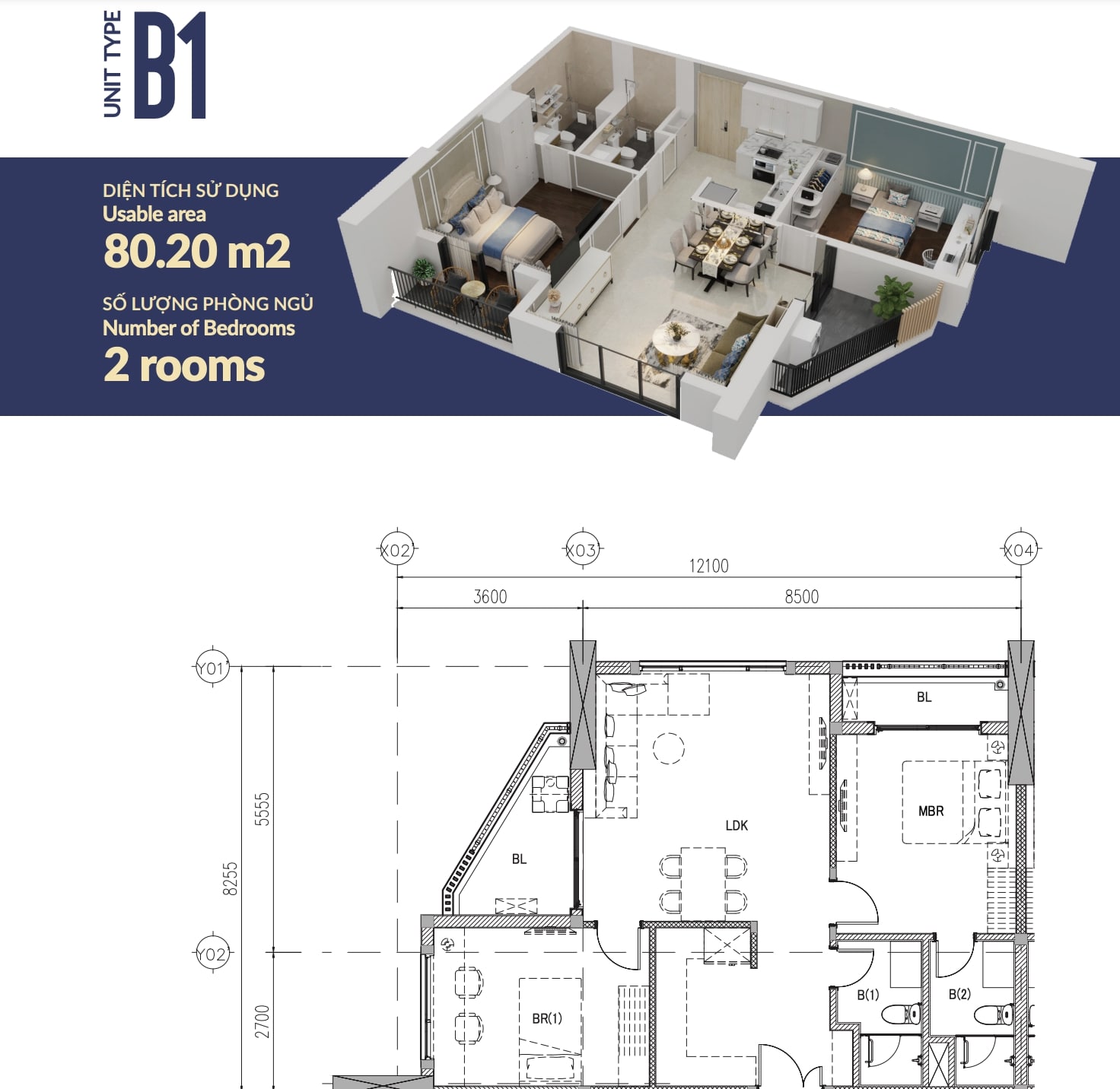 Bản vẽ của căn hộ B1 tại chung cư The Minato Residence